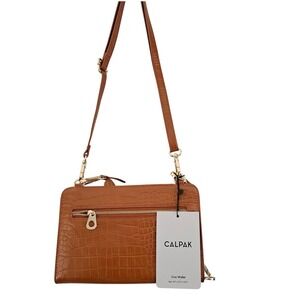 NWT Calpak Faux Croc Leather Wallet/Purse Cognac Crossbody RFID Lining Travel